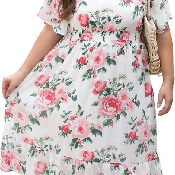 Plus Size Floral Chiffon Dress Summer Casual Formal Wedding Guest - Picture 1 of 6